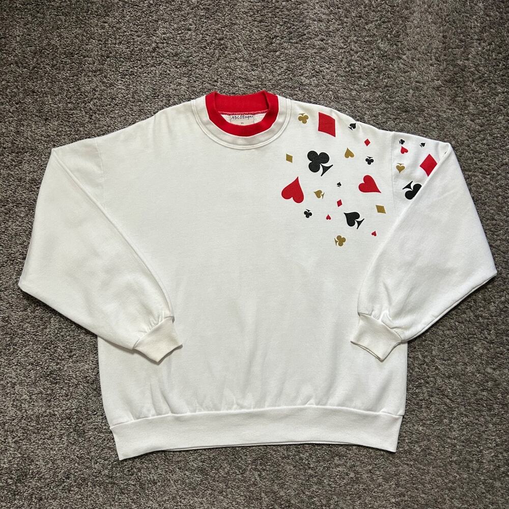 Vintage Sweatshirt Playing Cards Crewneck Pullover 90s y2k Poker Casino XL - Picture 10 of 10
